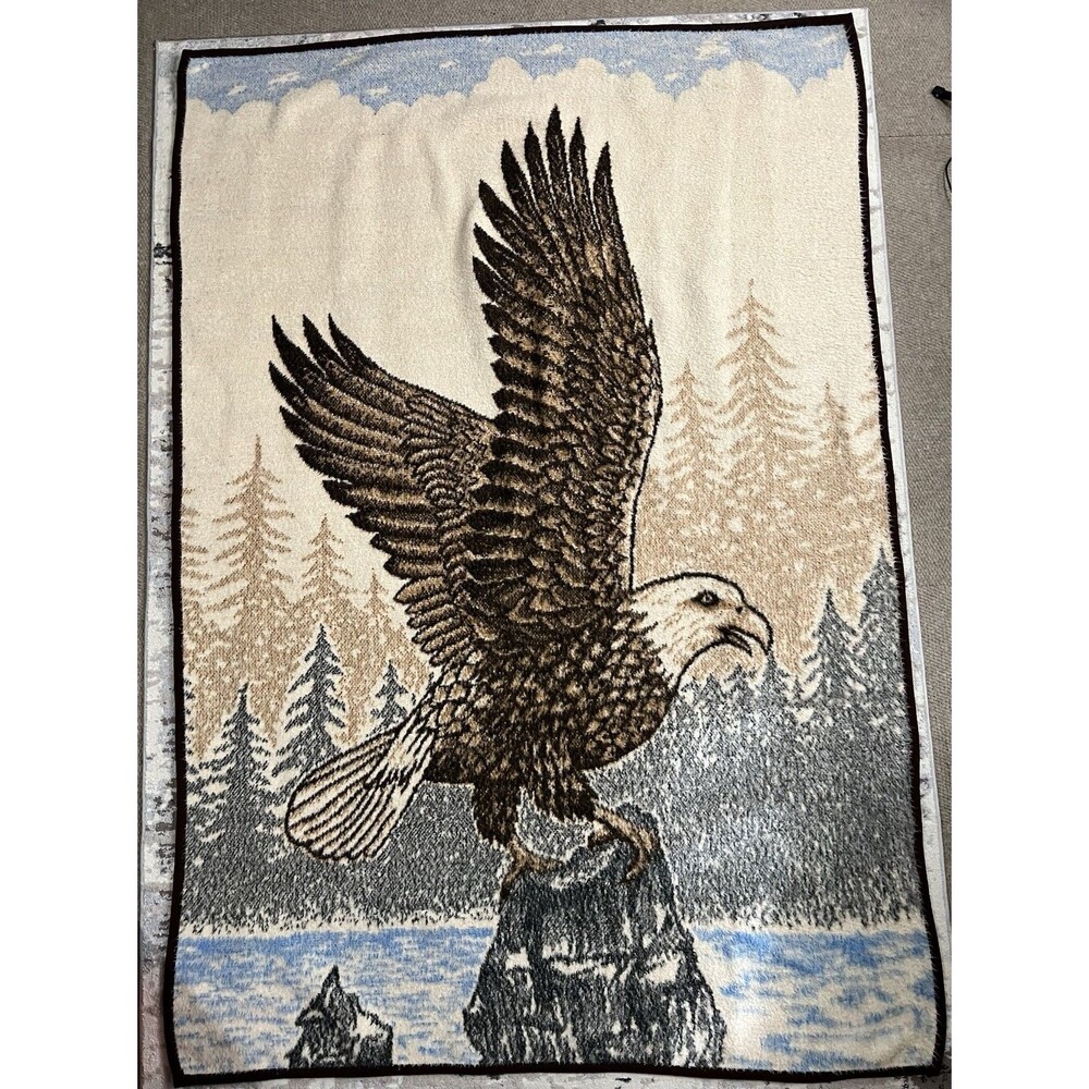 Vintage San Marcos Blanket Bald Eagle Perched Wings Reversible Brown 55x78